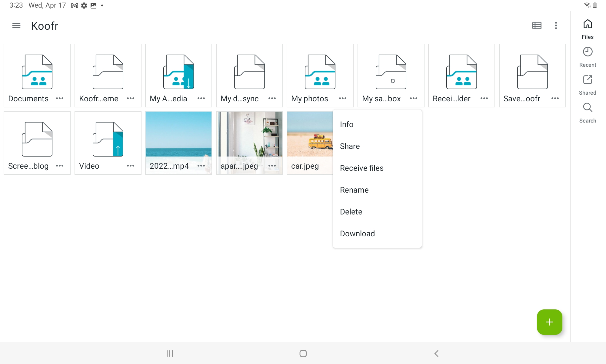 File and folder options in Koofr android mobile app