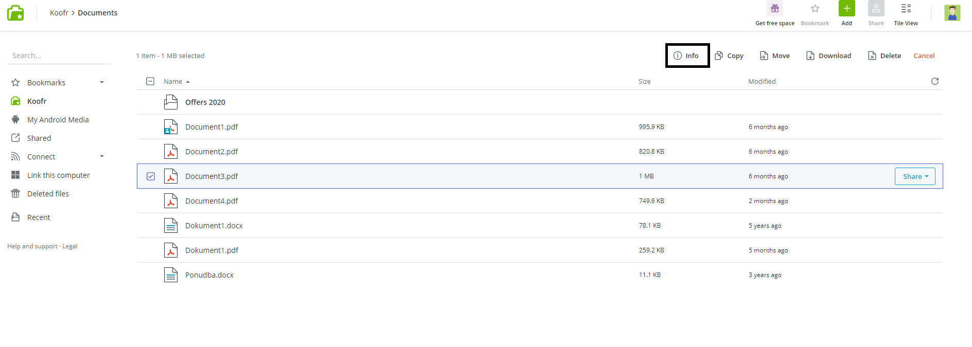 Screenshot of Koofr web app with a file selected with the Info button displayed in the Editing Menu.