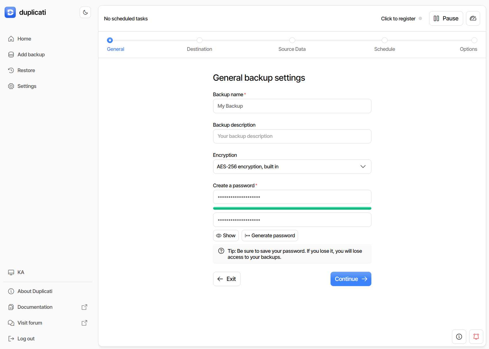 General backup settings in Duplicati