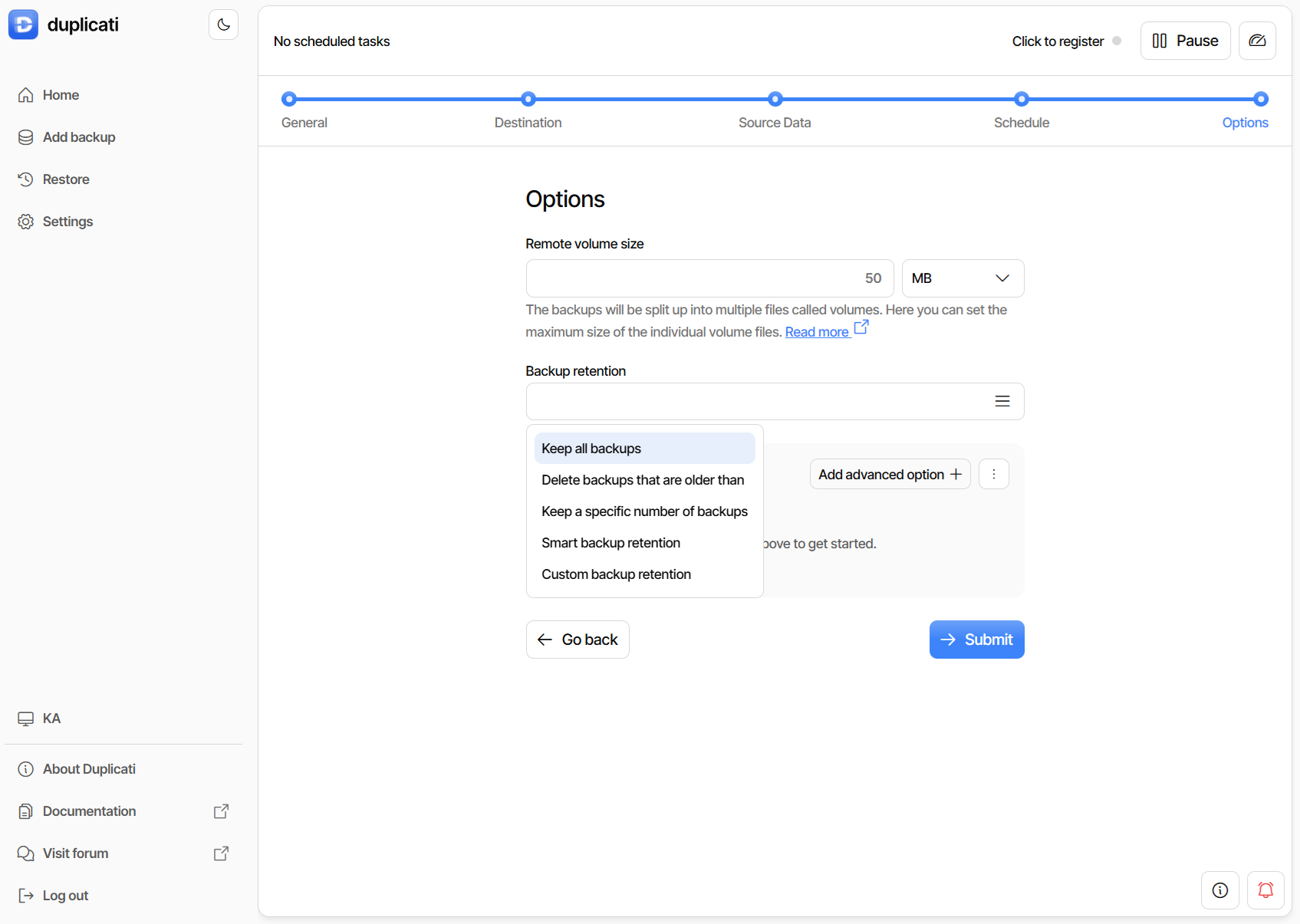 General options in Duplicati when creating a backup with Koofr