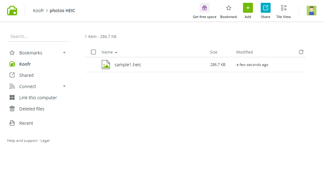 Screenshot of a HEIC image file stored on Koofr.