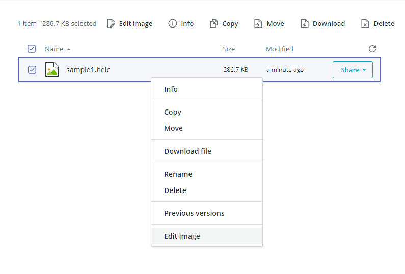 Screenshot of context menu used to access Edit image function on Koofr.