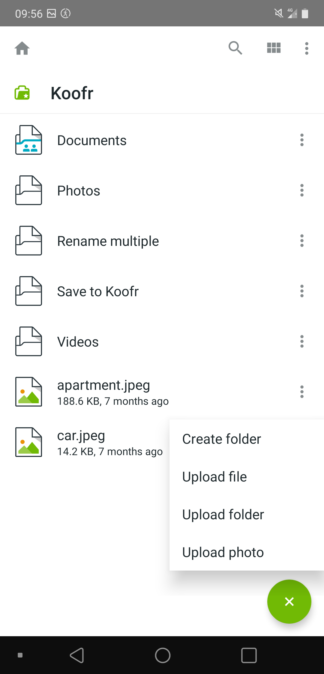 Create a new folder or upload files in the Koofr mobile app for Android.