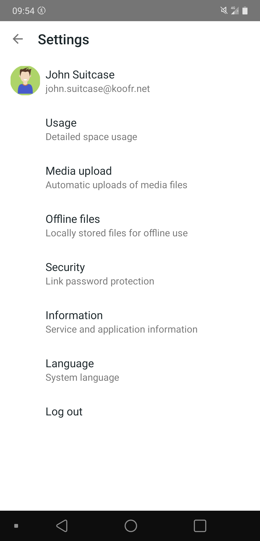 The Settings menu in the Koofr mobile app for Android.
