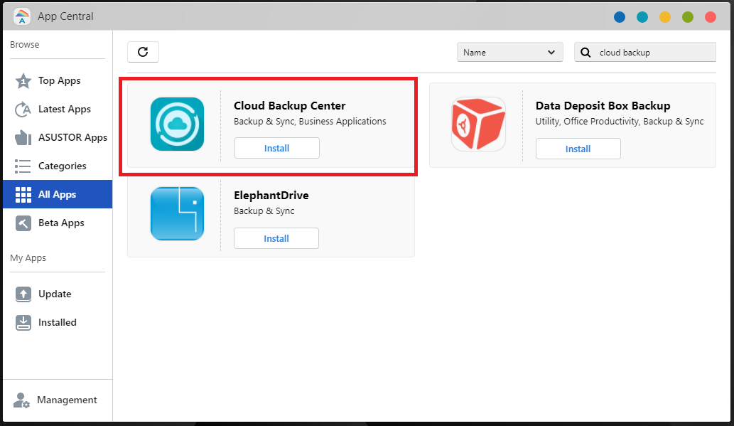 Install Cloud Backup Center from the App Central of your ASUSTOR NAS.