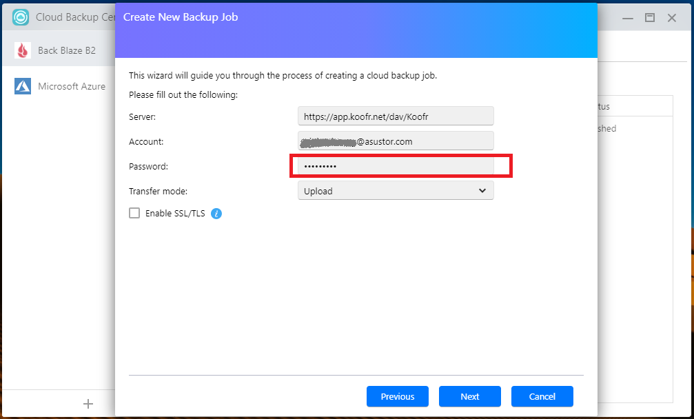 Switch back to the Cloud Backup Center and complete the Password field with the app password