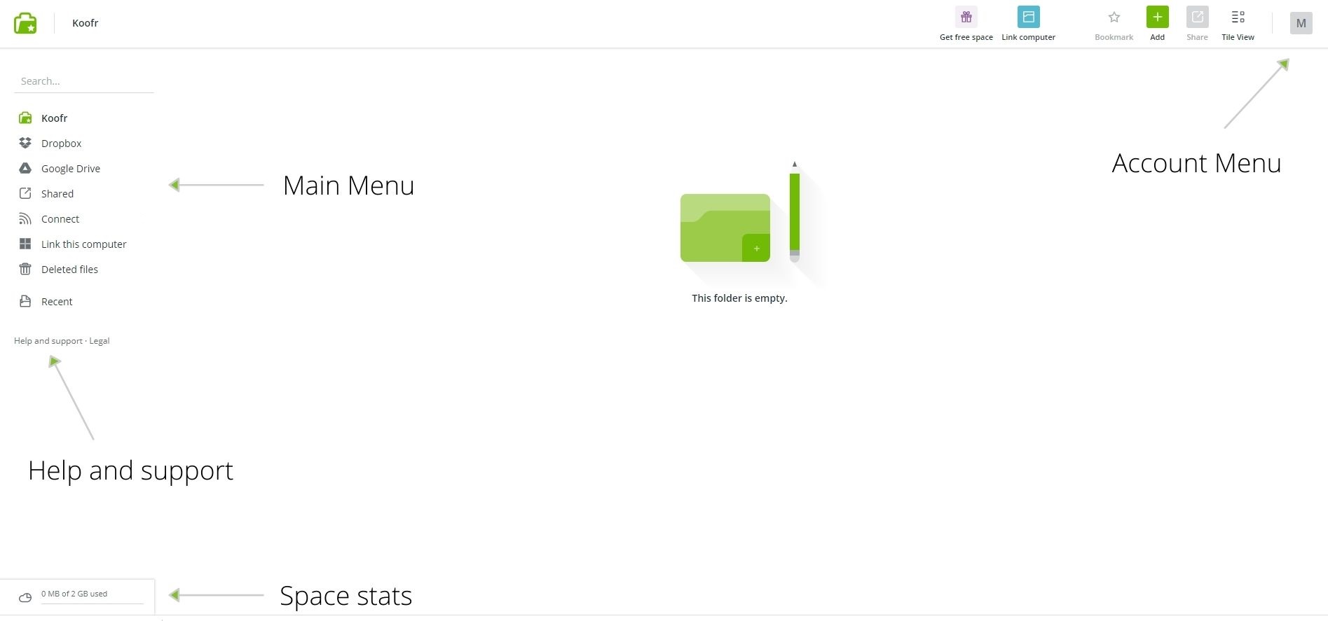 A screenshot of the Koofr web app dashboard.