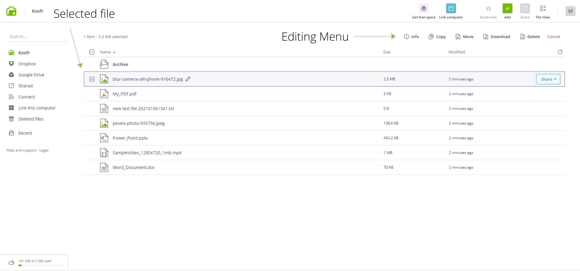 Selecting a file enables several options in the Editing Menu.