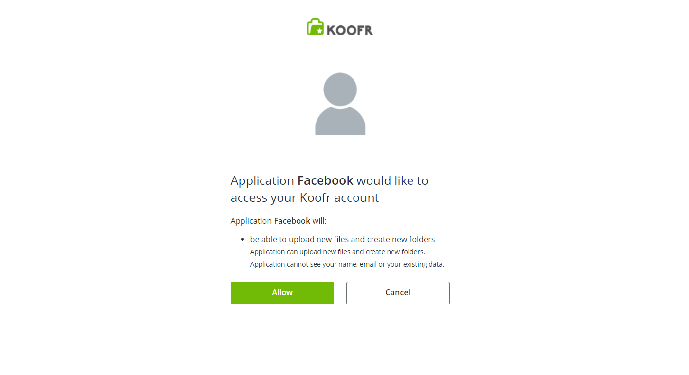 Allow Facebook access to your Koofr account to enable the data transfer.