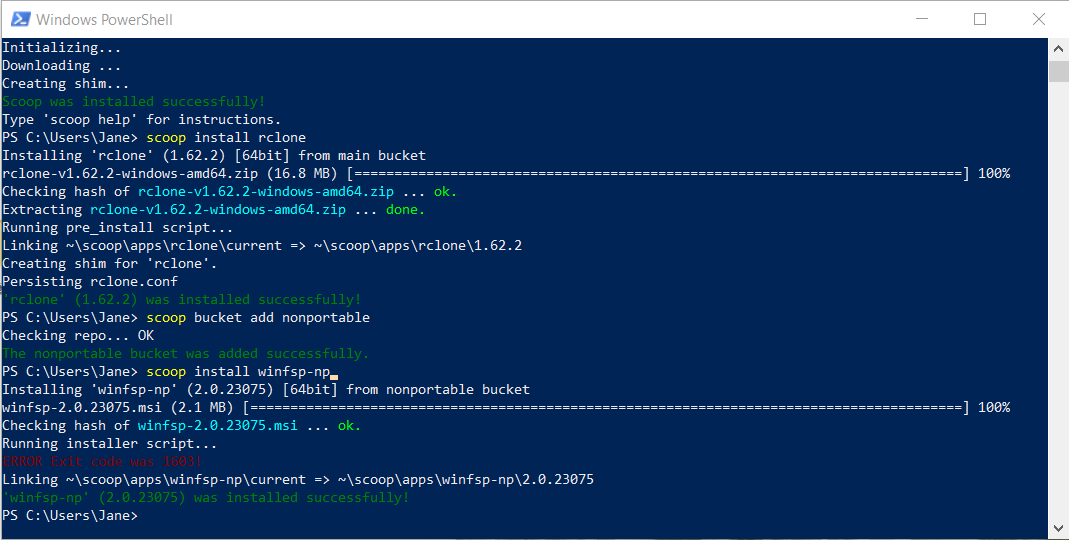 Installing WinFsp for rclone using Scoop.