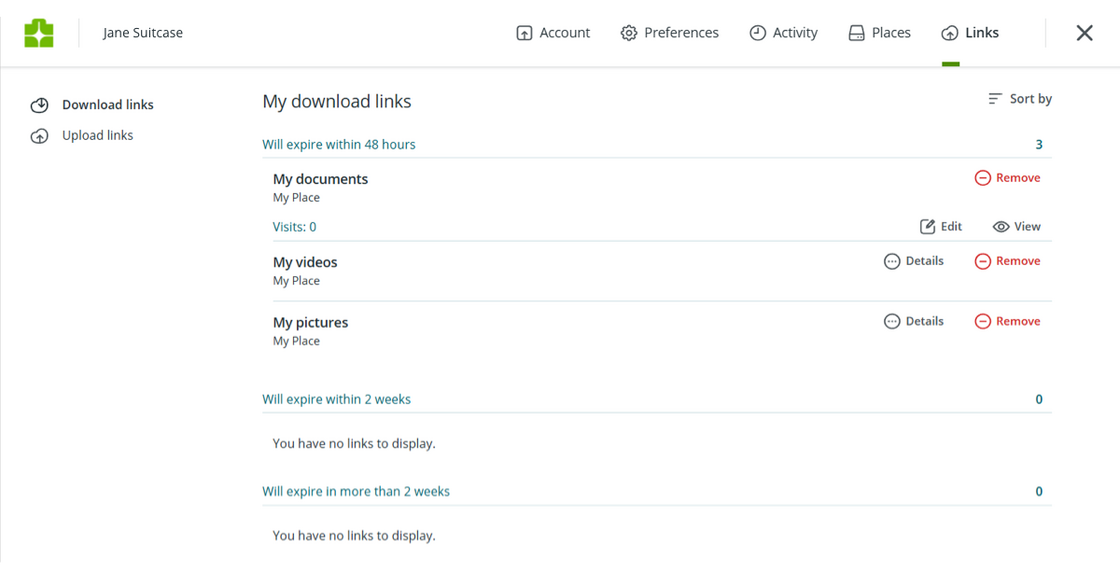 My download links in Koofr web app