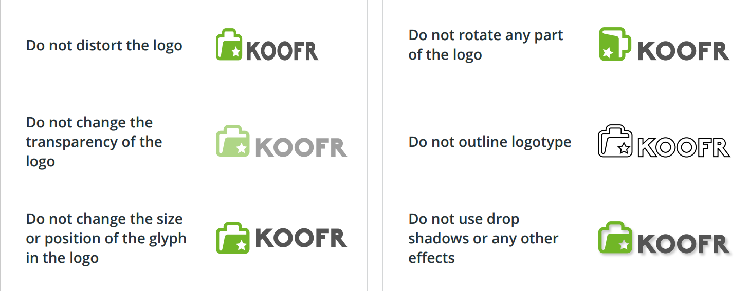 An example of Koofr logo dos and don'ts - distortions, rotations, and other alterations are forbidden.