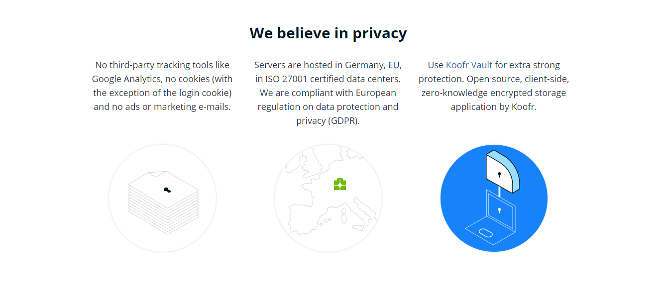 A screenshots from Koofr webpage: Koofr privacy tools