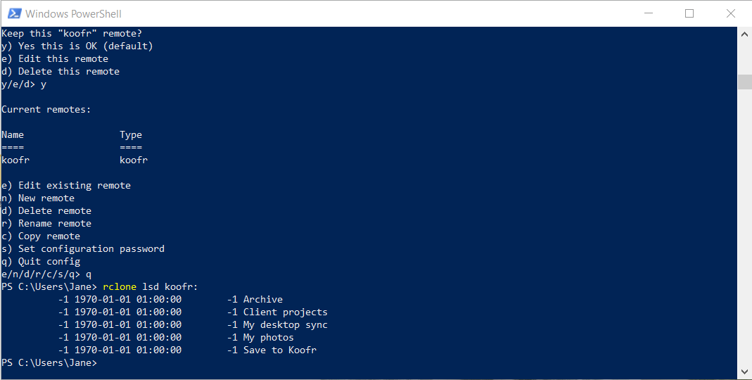 Confirming and testing your Koofr remote in rclone.