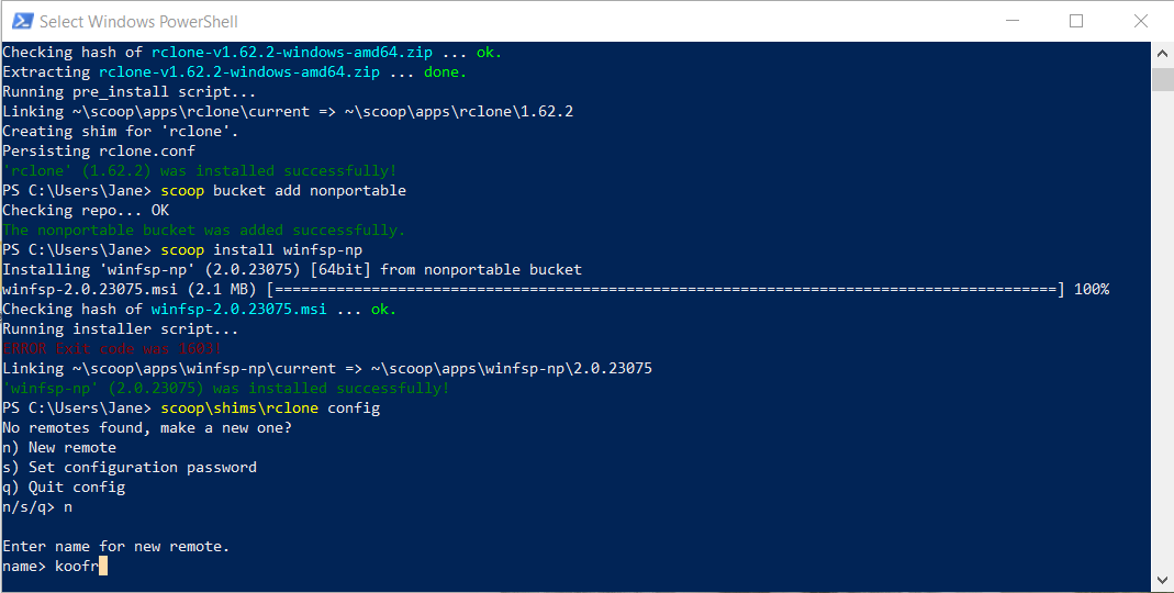 Running the rclone config command in PowerShell.