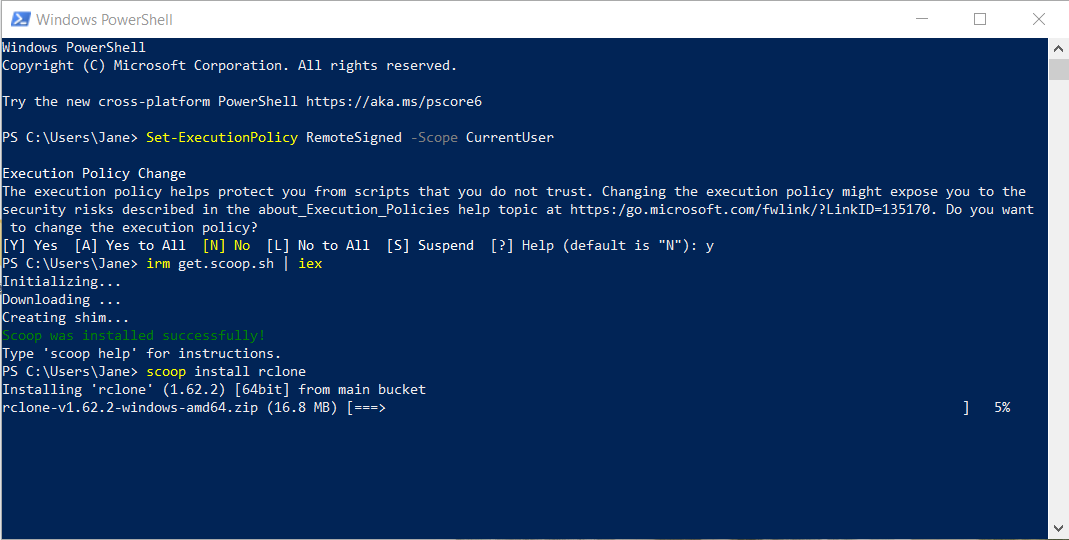 Installing rclone with Scoop in PowerShell.