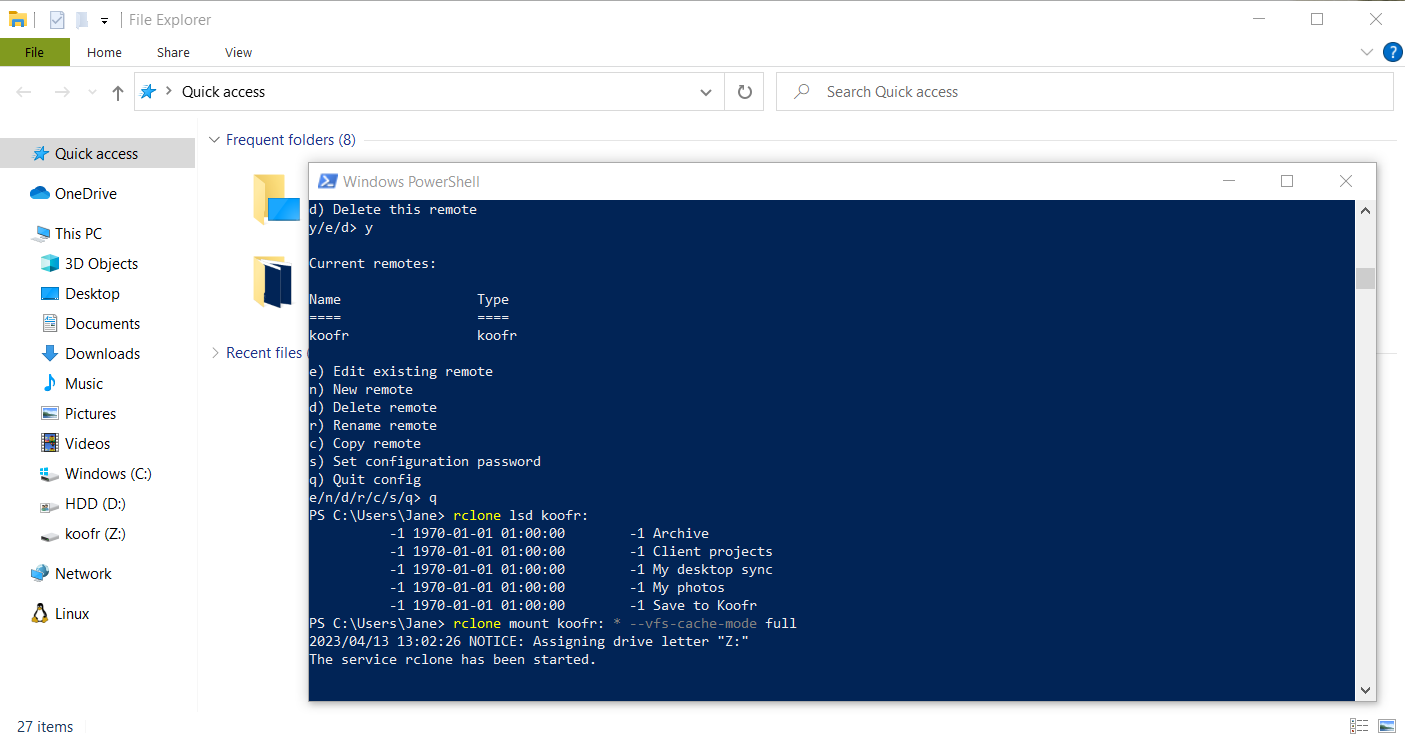 An example of a successful mapping as a network drive on Windows using rclone.