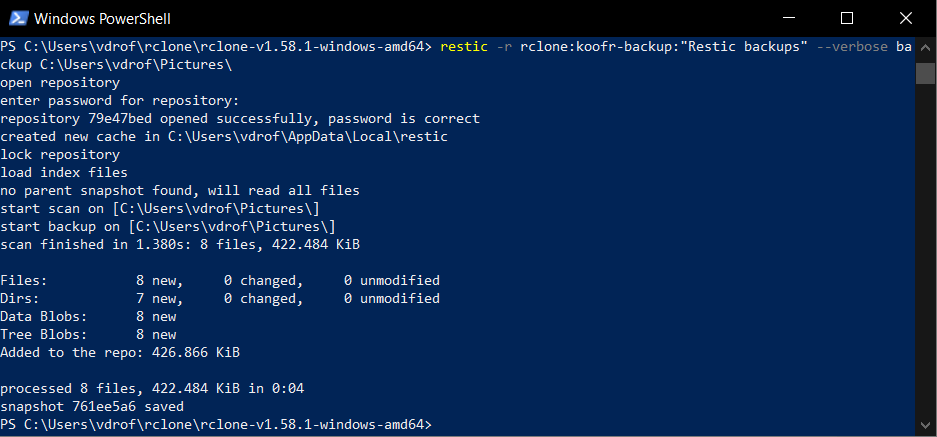 Creating a new backup with restic and rclone.