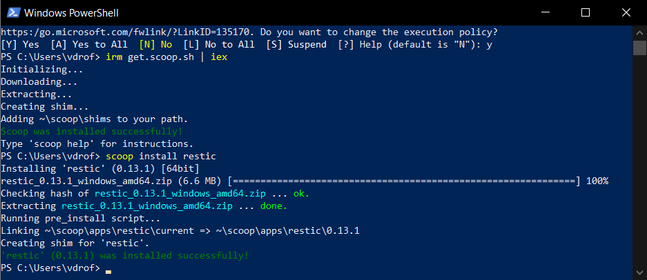 Install restic by running the command in PowerShell or cmd.