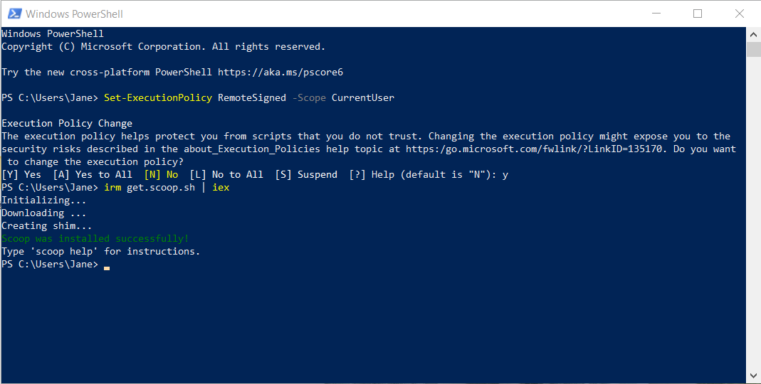 Installing the Scoop command-line installer in Windows PowerShell.