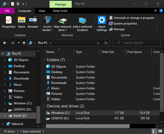 Screenshot of mapped storage drives and Koofr cloud storage.