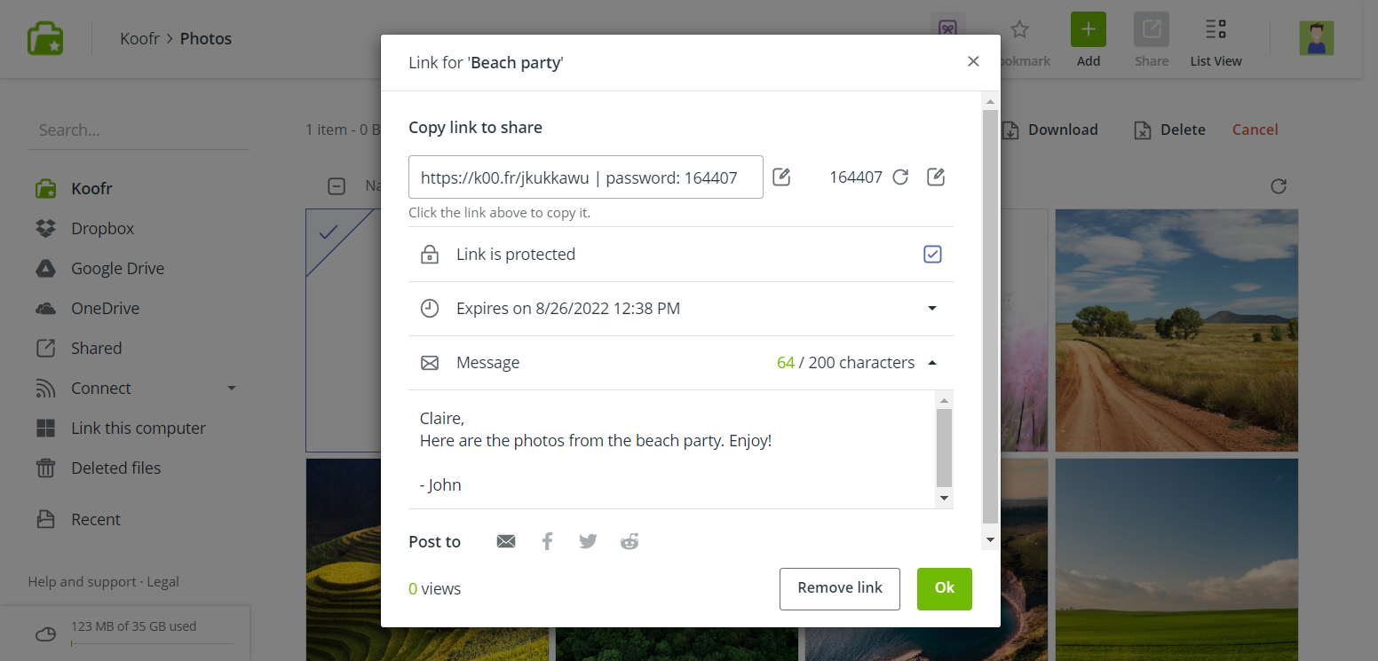 Set up a sharing link in Koofr.