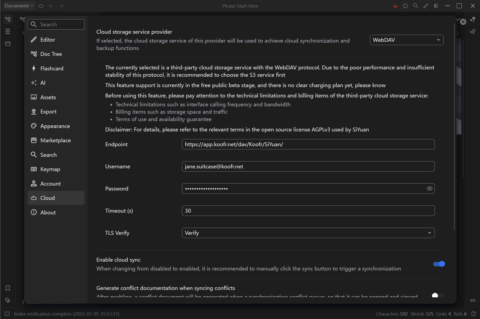 Setting up a WebDAV connection with Koofr in SiYuan.