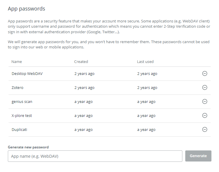 Koofr allows you to create app passwords to protect your WebDAV connections.