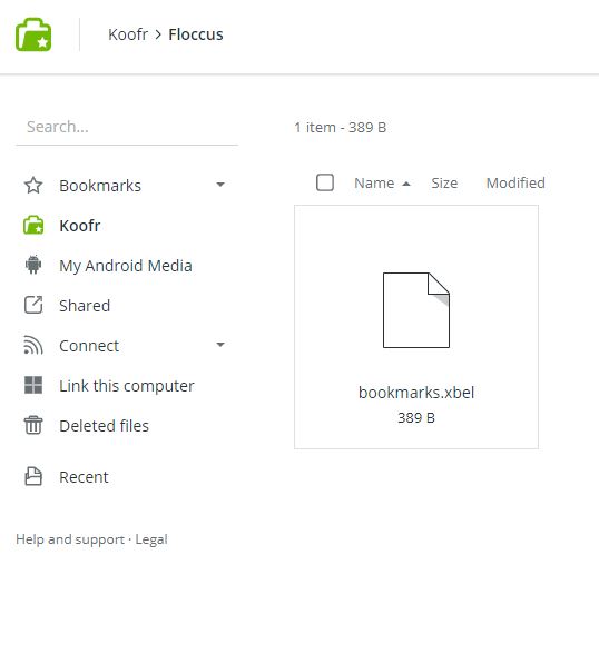 You can check that your bookmarks were synced successfully by locating the .XBEL file in the designated folder in your Koofr account.