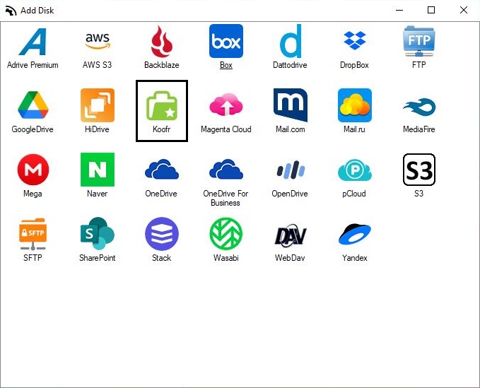 Click on the Koofr logo in the list of available cloud options in Air Live Drive.