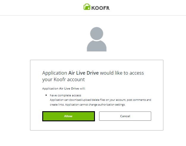 Click Allow to give Air Live Drive permission to access your Koofr account.