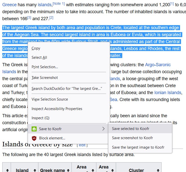 Saving selected text to a .txt file with Save to Koofr in Librewolf.