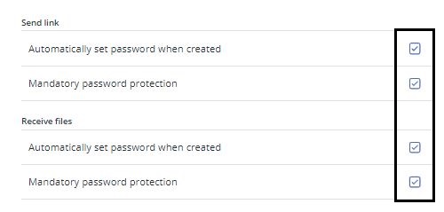 Enable Koofr to automatically set a password to your sharing links or require mandatory password protection by ticking the appropriate boxes in the Security submenu of your account settings.
