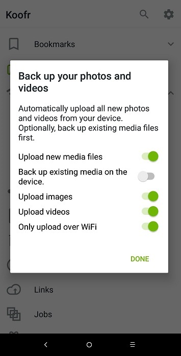 After installing the Koofr app for Android, you'll now have the option to back up existing videos, images, or both.