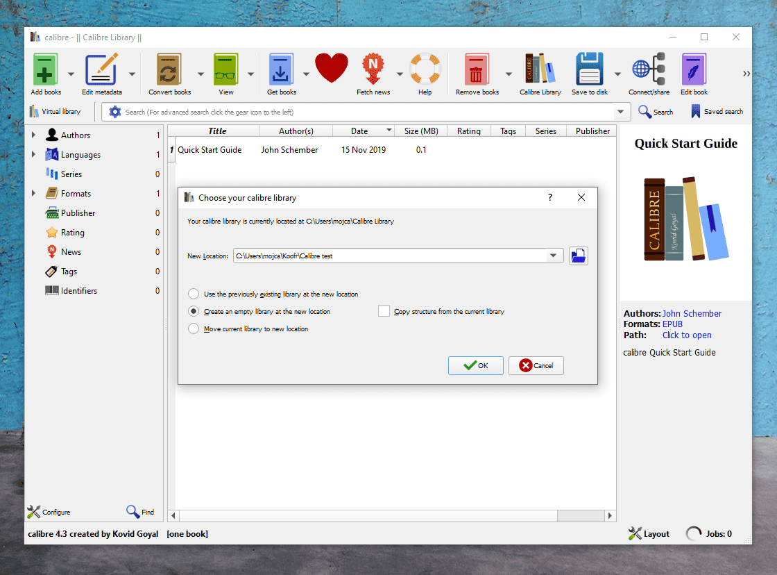 Click on the blue icon to browse the locations on your computer and select the folder Calibre test as a new location of your library