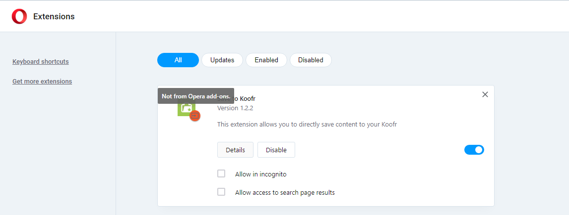 Save to Koofr now appears in Opera's Extensions sidebar.
