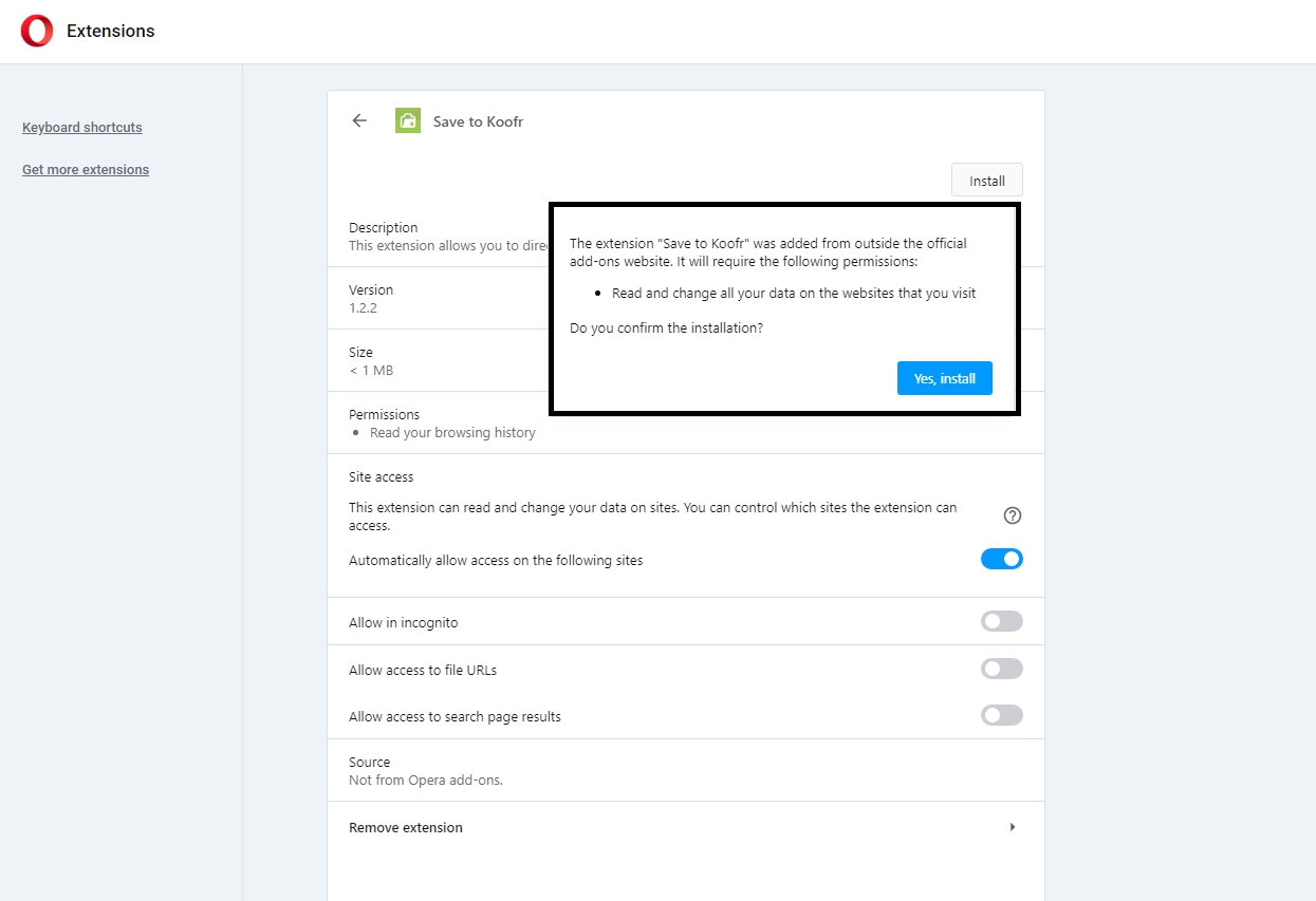 In the pop-up window, confirm the installation and grant the required permissions to Koofr.