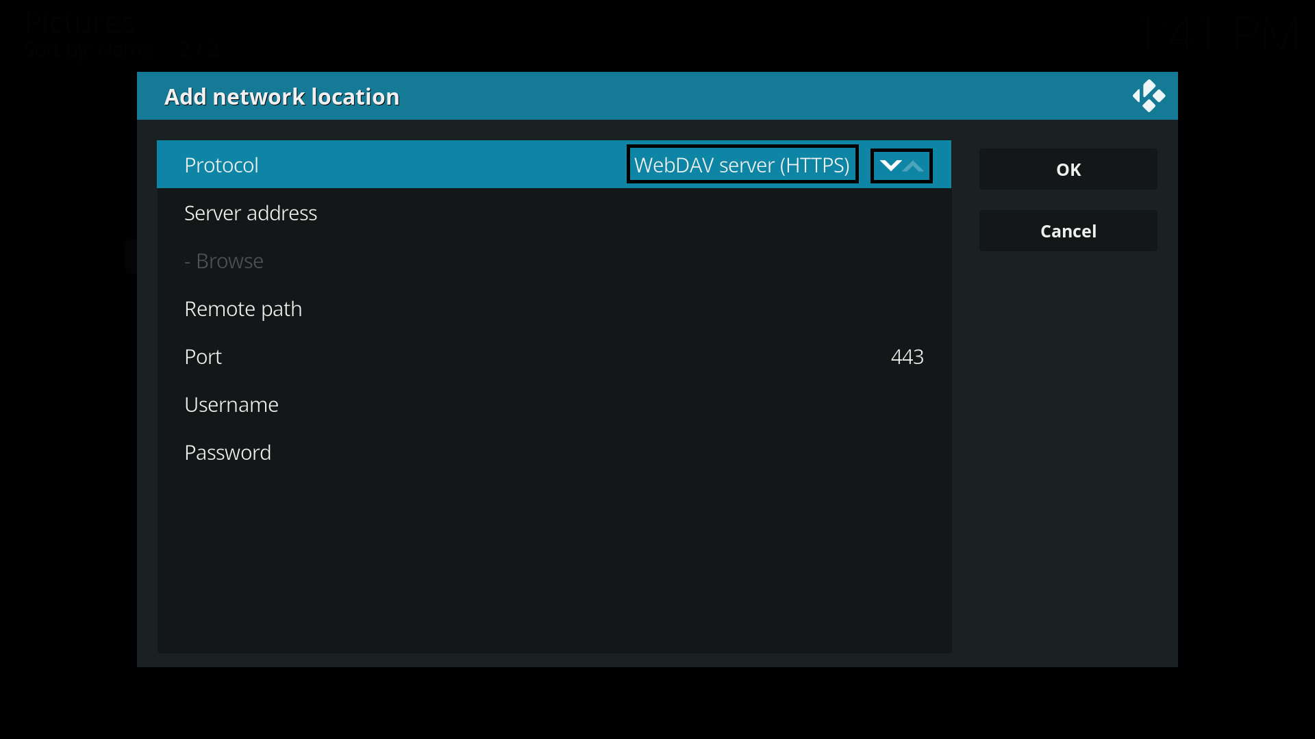 Choose WebDAV server (HTTPS) as a protocol in Kodi