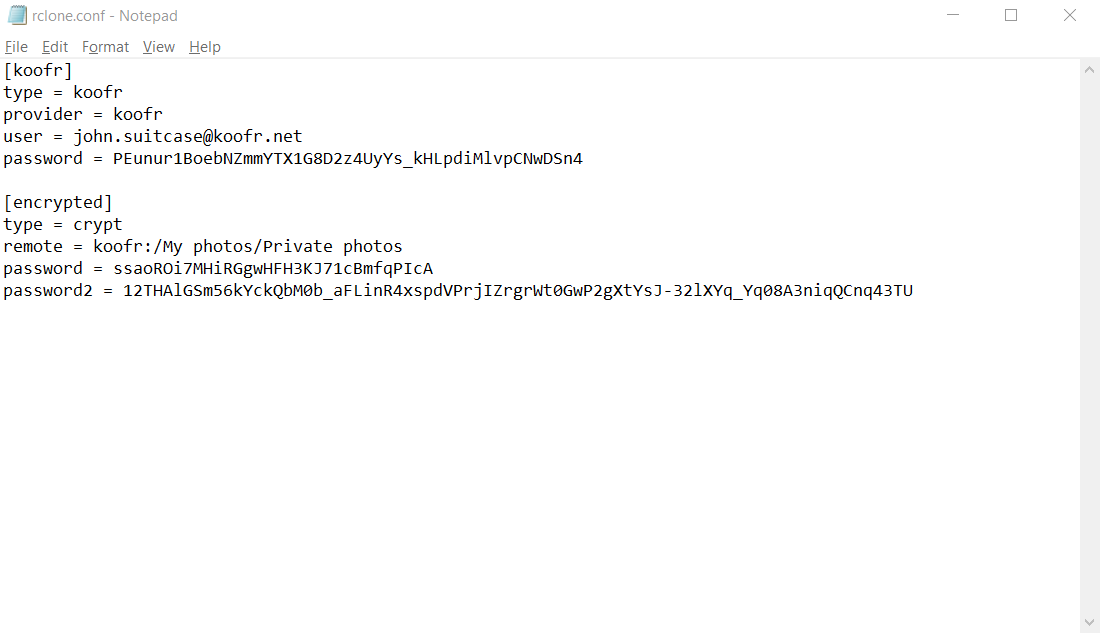 The rclone.conf file contains configuration data for all your rclone remotes with obfuscated passwords.