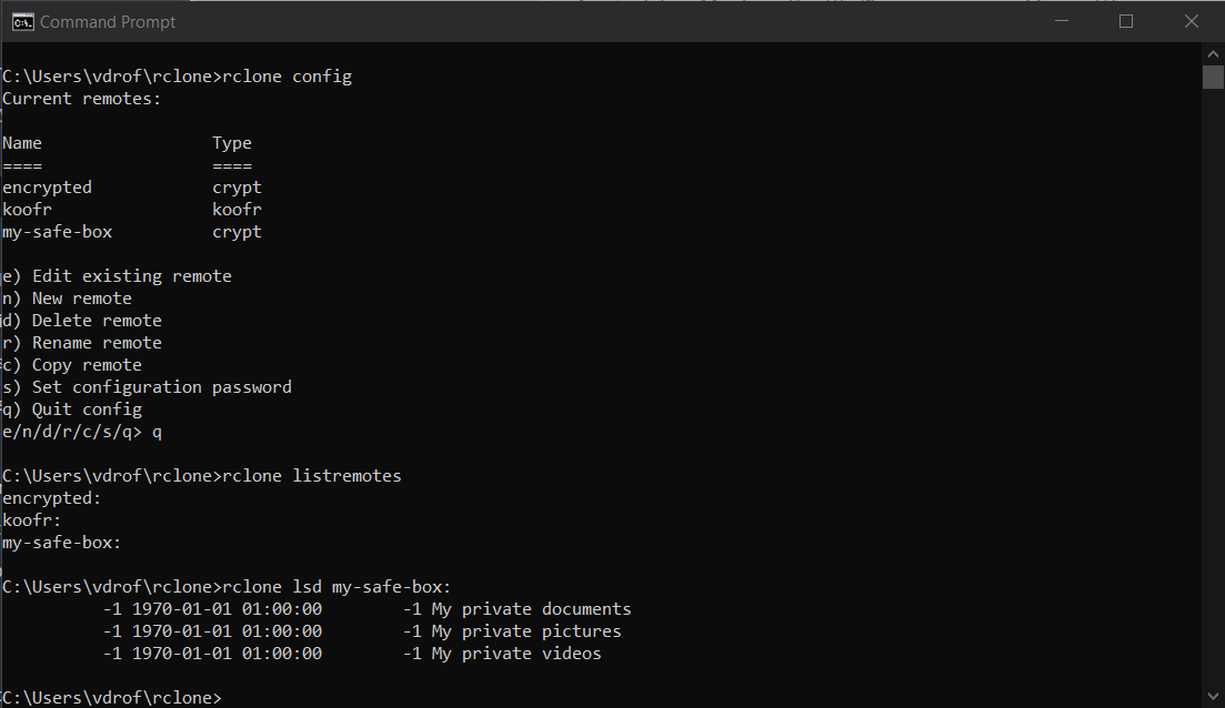 Listing remotes in rclone with rclone config or listremotes.