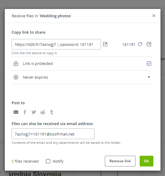 Receive files link on Koofr for wedding photos