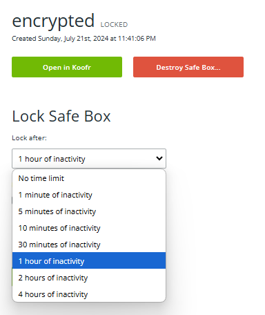 Koofr Vault Safe Box auto lock settings