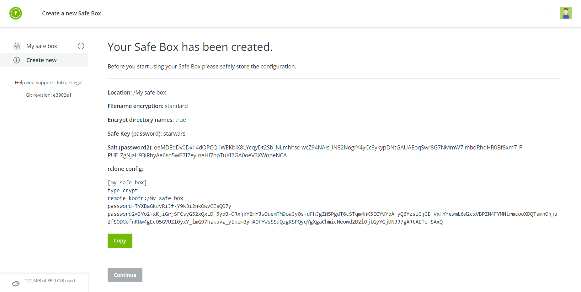 Koofr Vault Safe Box config information should be saved in a secure place.