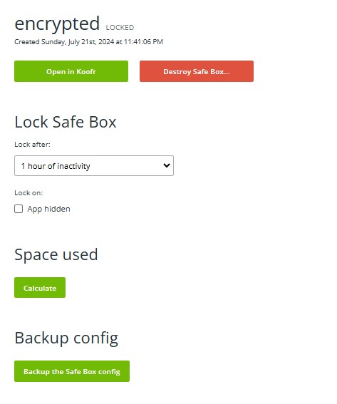 Koofr Vault Safe Box settings