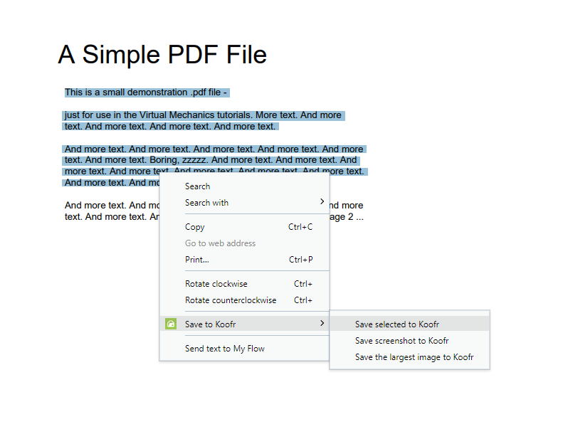 Using Save to Koofr with a text selection will create a .txt file in your Koofr containing the selected text and its source URL.