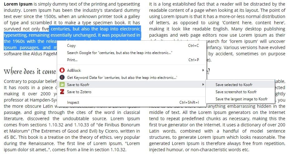 Save to Koofr extension offers different options for saving text