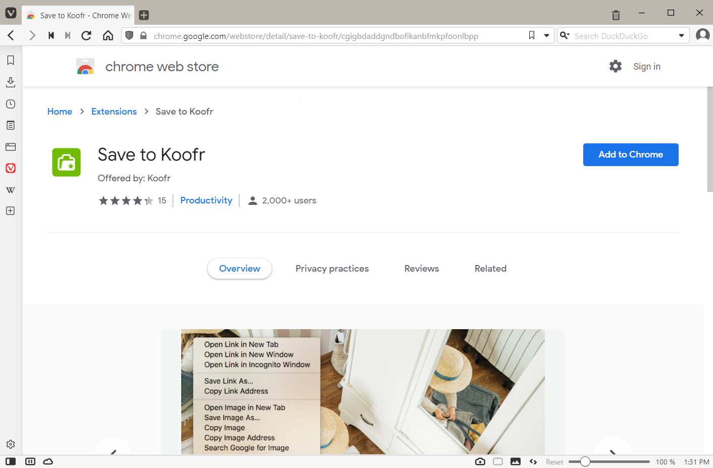 Find the Save to Koofr extension in the Chrome web store.