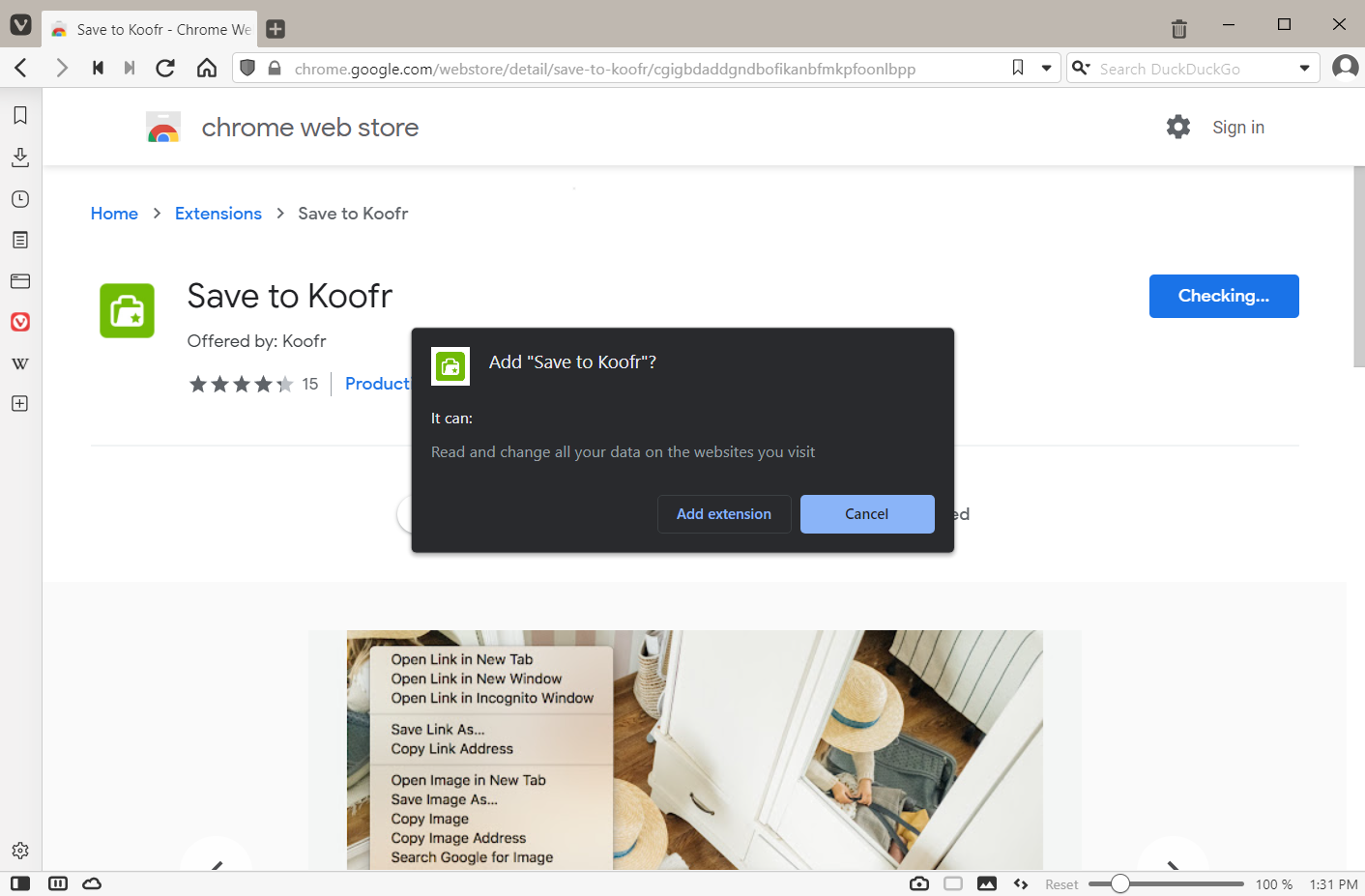 Confirm the installation of the Save to Koofr extension when prompted by the pop-up window.