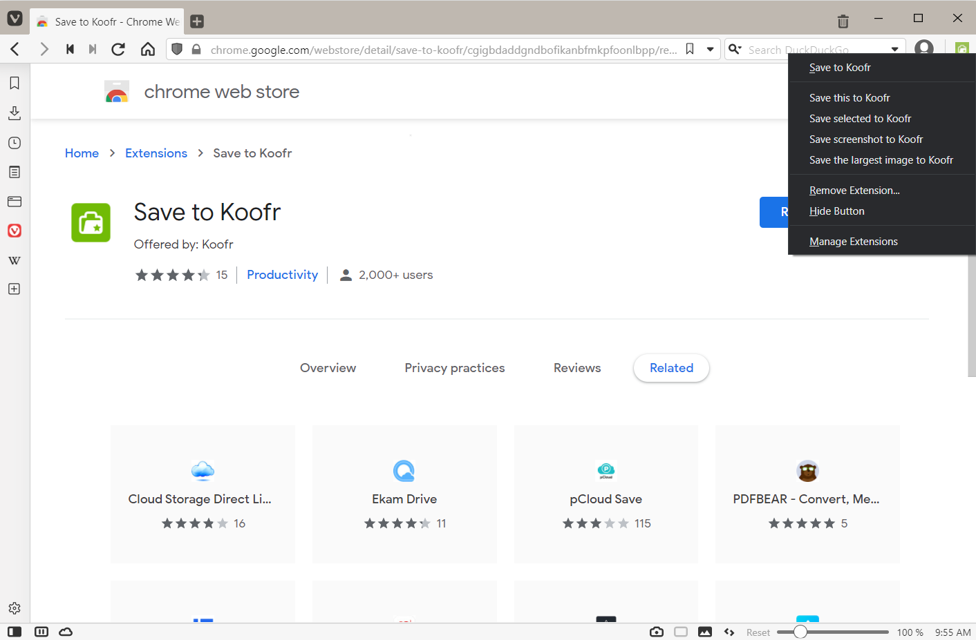 The Save to Koofr browser extension installed in Vivaldi.
