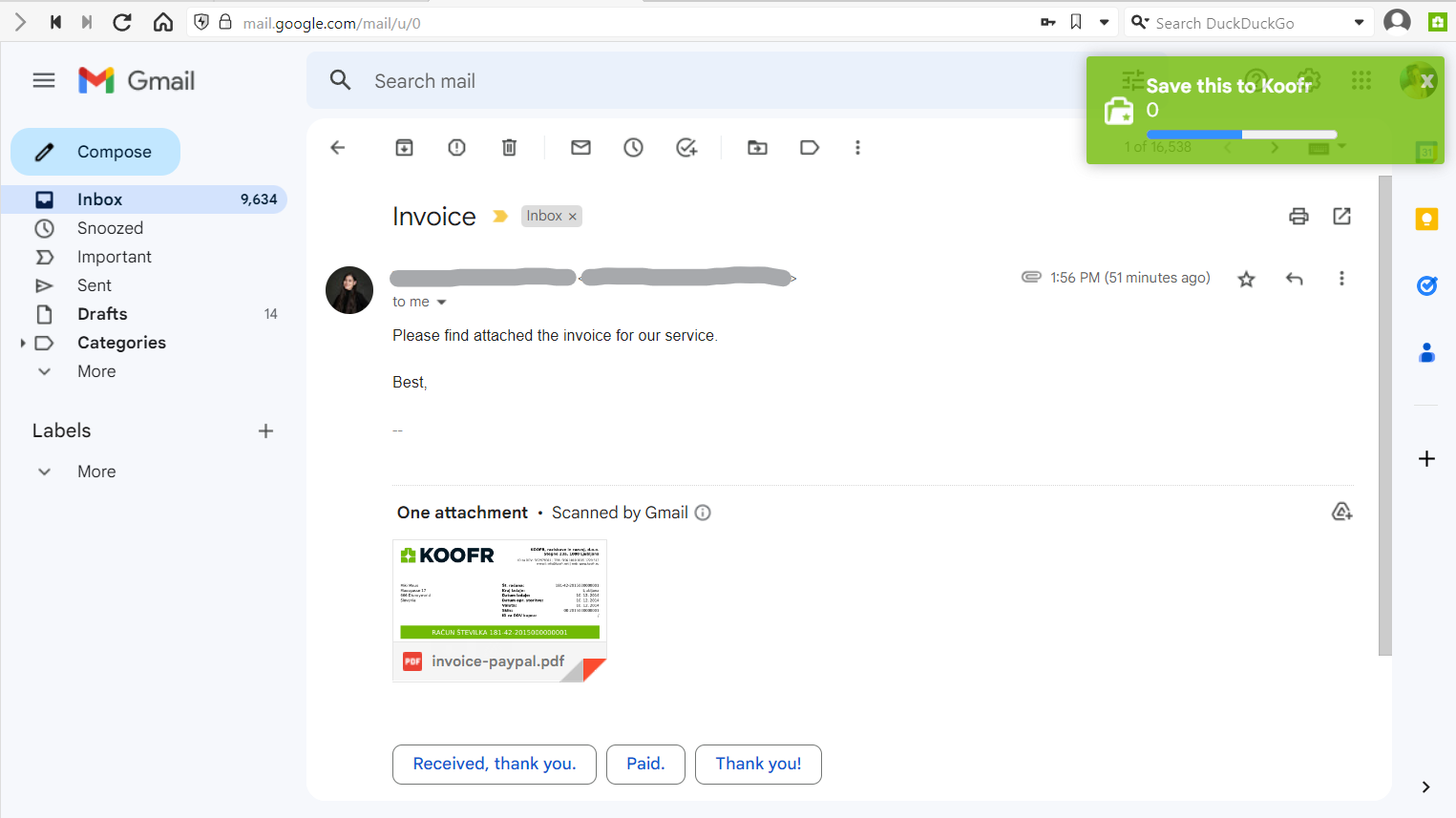 Using Save to Koofr to save an attachment in Gmail in Vivaldi browser.